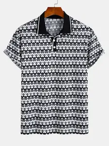 Men's Stretch Knit Jacquard Striped Polo Shirt, Short Sleeve Color Block Ribbed Collar, Casual Summer Textured Tee, Stylish & Comfortable, Menswear