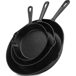 Cast Iron Skillet Set - 3-Piece Pre-Treated Frying Pan, Grill Pan, and Skillet, Suitable for Grilling, Frying, and Stir-Frying - Cooking Utensils, Round Frying Pan