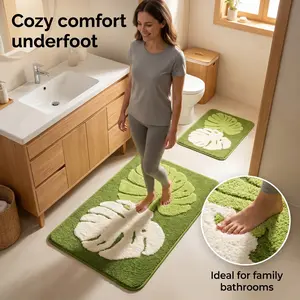 Tropical Leaf Bath Mat Set, Ultra Soft Shaggy Absorbent Non-Slip Bathroom Rug, Quick Dry Washable Floor Mat for Shower, Tub, Family Bathroom Decor, Cozy Green White Plant Design Foot Rug