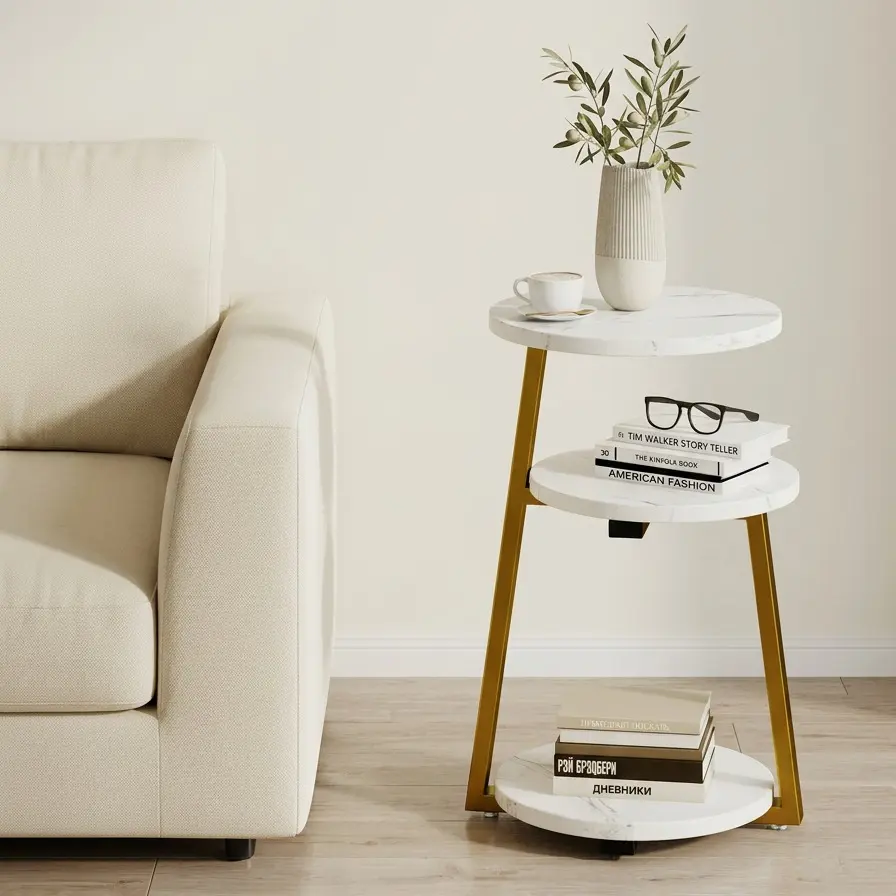 Oakault Small Round Side Table with 3-Tier Storage, White Gold End Table with Sturdy Metal Frame, Compact Nightstand for Bedroom, Living Room Couch Table, Modern Accent Furniture for Small Spaces