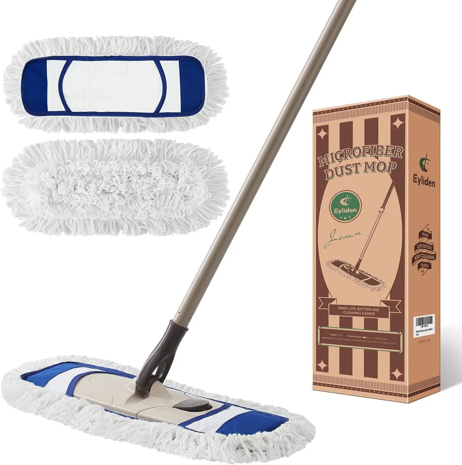 Eyliden Wet & Dry Dust Mop with 2 Microfiber Pads, 52.6" Adjustable Handle and 360° Swivel Head for Multiple Floor Types