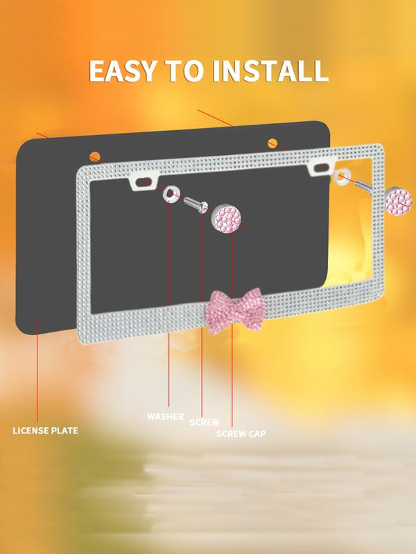 2 PCS Of Dazzling Plastic Bow License Plate Frames For Women, Personalized Car Plate, Glittering Rhinestone Diamond Car Parts License Plate Frames And Glittering Crystal Hats