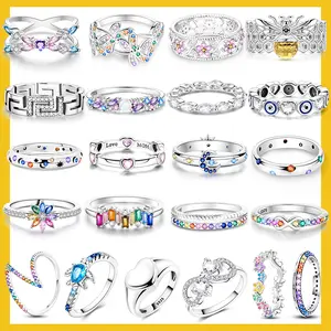 TopJewe - LAZA 925 Sterling Silver Colorful Rings Sparking Zirconium Bowknot Moon Sun Original Ring For Women Anniversary Wedding Gifts