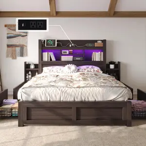 Queen Bed Frame with 49.6" Bookcase Wood Bed Frame with RGB LED & Charging Station, No Box Spring Needed, Black,