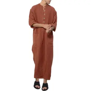 Men’s Kaftan Robe, Comfortable Stand Collar Thobe with Pocket, Loose Fit, Eid Middle Eastern Jubbah (T)