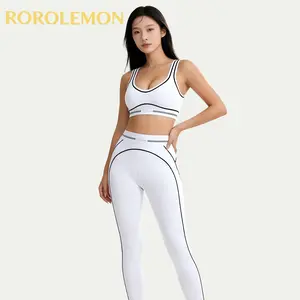 ROROLEMON Women’s 2-Piece Workout Set, Contrast Trim Sports Bra & High Waist Leggings, Quick-Dry Activewear for Yoga & Gym