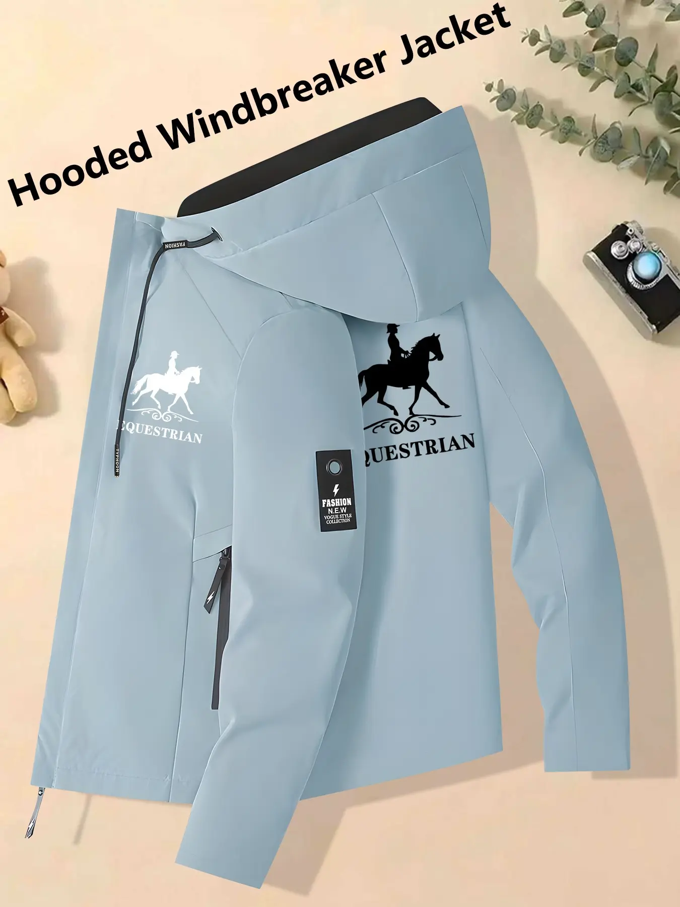 Women's Hooded Windbreaker Jacket, Loose Fitting Jacket, Casual Outdoor Outerwears, Long Sleeve Light Blue Equestrian Rider Print Windproof Waterproof Breathable Versatile Outerwear Perfect for Commuting Hiking & Casual Outdoor Adventures