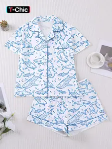 Women's 2-Piece Pajama Set, Ocean Theme Shark Whale Print, Casual Fitted Sleepwear Loungewear, Comfortable Short Sleeve Top & Elastic Shorts, Home Wear