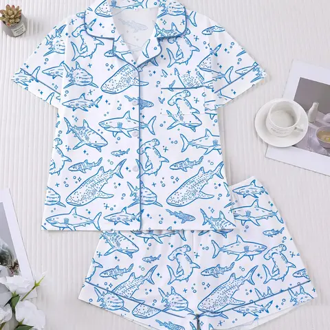 Women's 2-Piece Pajama Set, Pyjamas, Pj Sets, Ocean Theme Shark Whale Print, Casual Fitted Sleepwear Loungewear, Comfortable Short Sleeve Top & Elastic Shorts, Home Wear