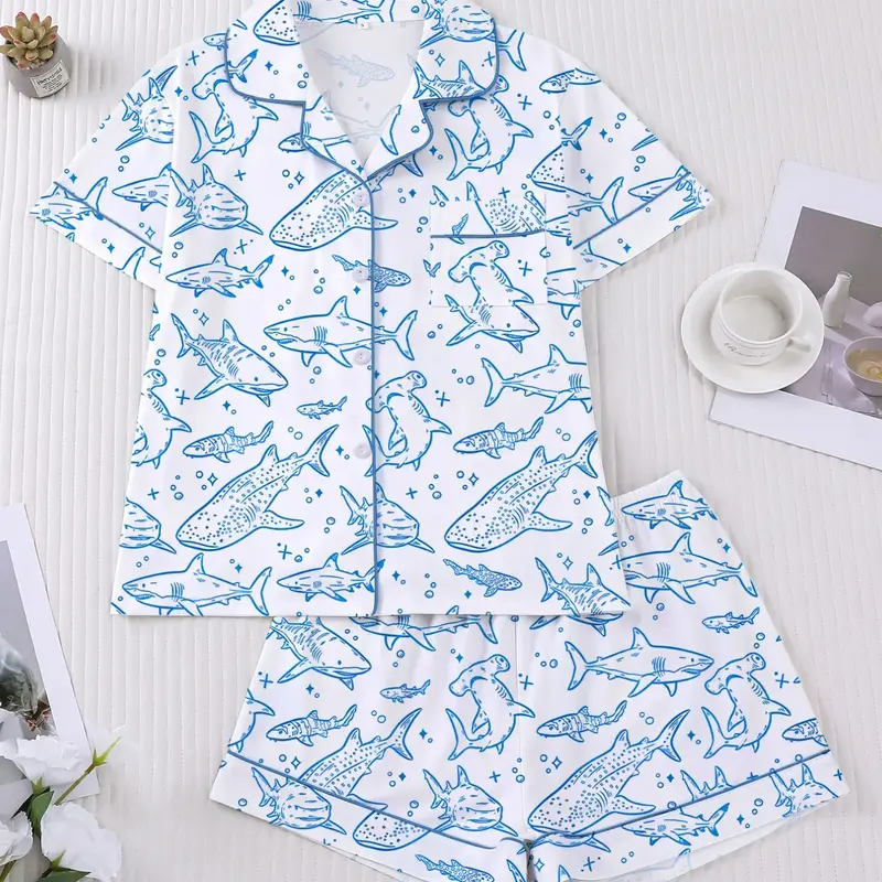 Women's 2-Piece Pajama Set, Pyjamas, Pj Sets, Ocean Theme Shark Whale Print, Casual Fitted Sleepwear Loungewear, Comfortable Short Sleeve Top & Elastic Shorts, Home Wear