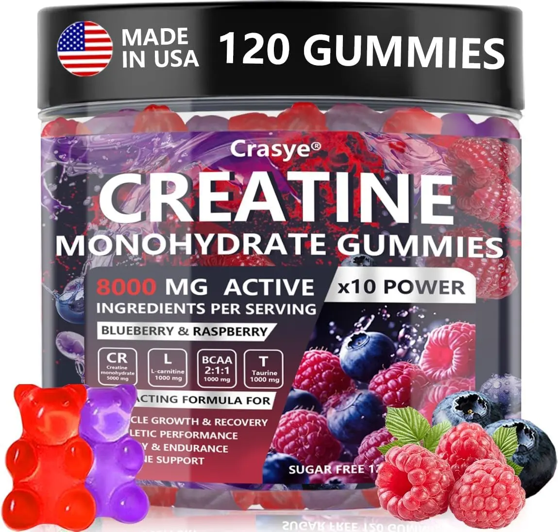 CRASYE Edible Chewable Creatine Gummy Dietary Supplements - 120 Count, Berry Strawberry Flavor, Vegan, GMO-Free, with Taurine & BCAA, for Fitness Training Support, Muscle Health & Healthcare Needs