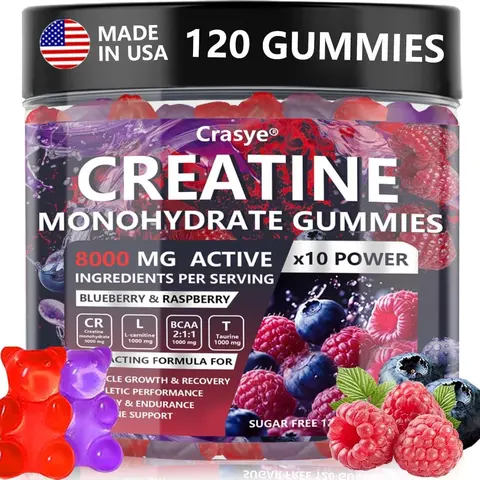 CRASYE Creatine Gummies 8000mg Sugar Free — Monohydrate Chews for Women & Men, Pre-Workout & Muscle Recovery, 120ct` Flavor Berry