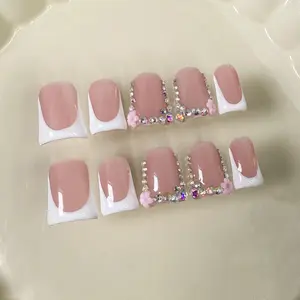 Handmade Press on Nails Short Duck White French Tip Thick Acrylic Fake Nails 3D Floral False Nails with Rhinestones Pink Flower Designs Elegant Sturdy Nail Art Press on Nails 10Pcs