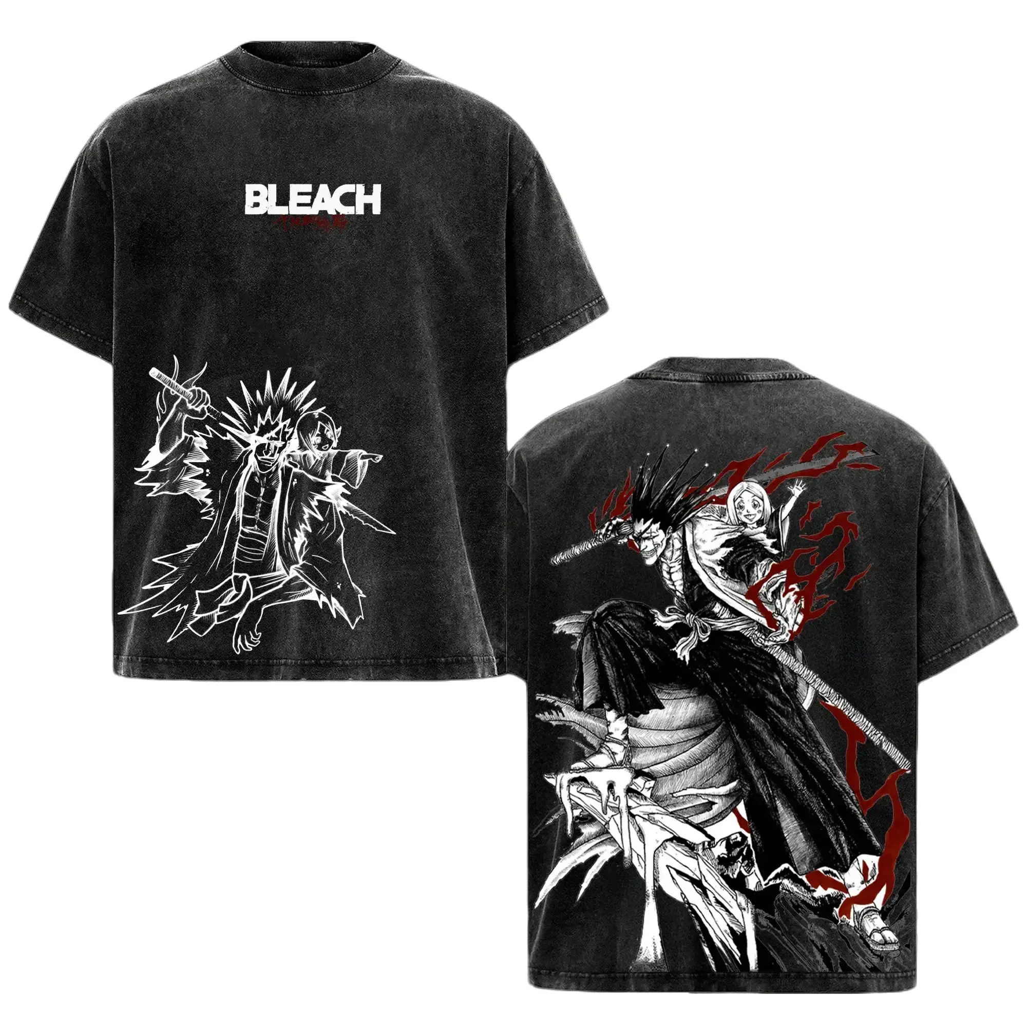 Vintage Kenpachi Zaraki Graphic T-Shirt, Unisex Heavyweight Cotton Baggy Short-Sleeve Tee for Casual Streetwear, Shortsleeve, Plain, Loose, Back Graphic, Heavy Cotton, Gothic, Retro, S, M, Menswear, Baggy Tee, Unisex Retro, Loose Fitting, Dark Line Art, C