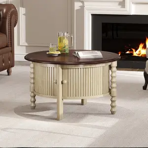 Vintage Round Coffee Table with Storage in 30.3" for Living Room, Mid Century Modern Cocktail Table with Sliding Door, Slatted Design Accent Table for Small Space, Beige and Espresso