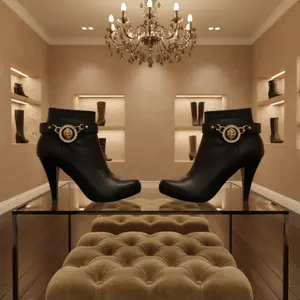 NEW Women's 2PCS Gold Metal Western Boot Chain Bracelet & Shoe Anklet Set with Lion Head Charm Black Faux Leather Band Adjustable 11-15 Inch Fashion Jewelry