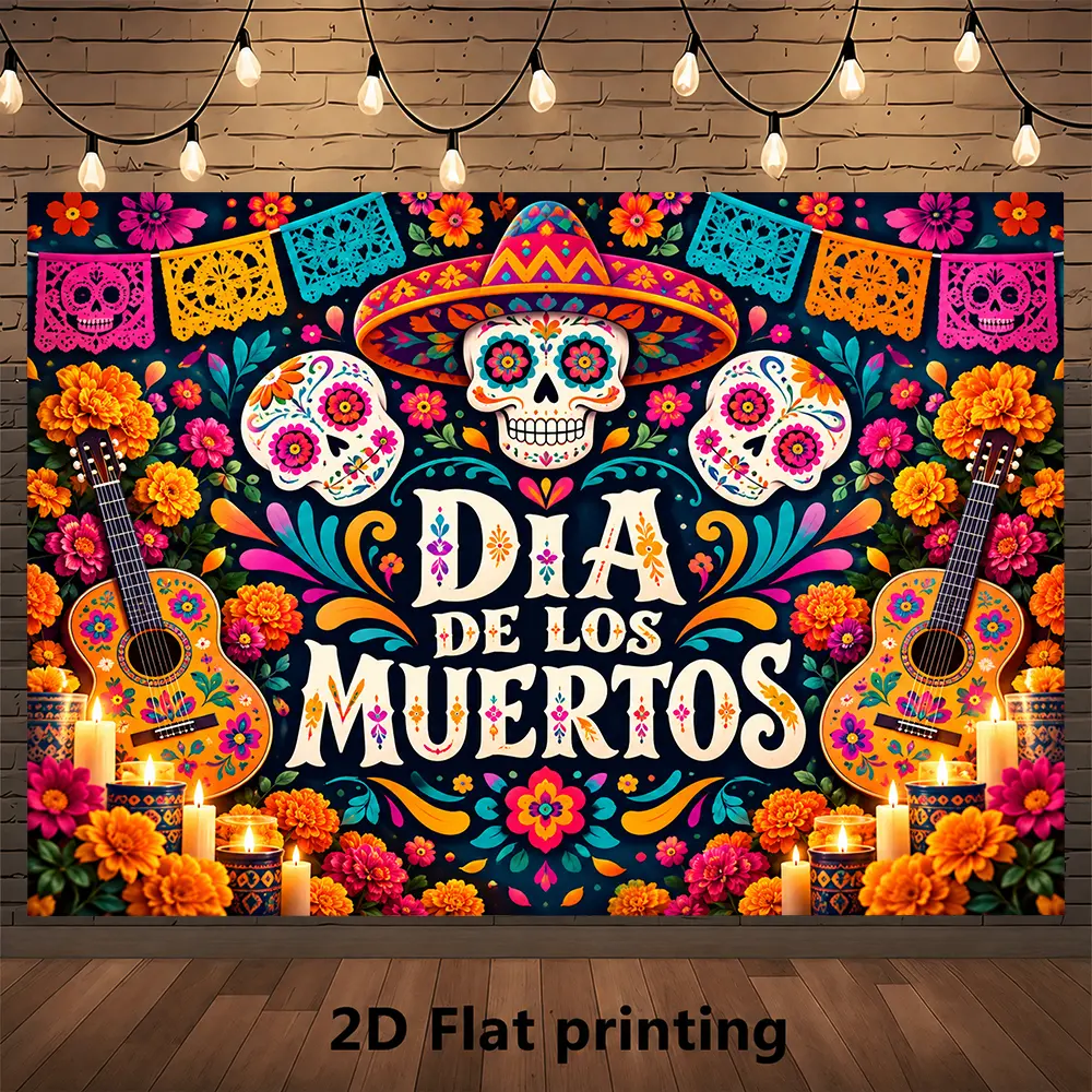 Day of the Dead Floral Skull Backdrop, Colorful Papel Picado Marigold Festival Photography Background for Autumn Celebration Photo Area