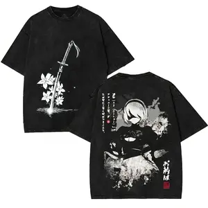 Nier Automata 2B v6 Yorha for the glory of the mankind Game Washed Tshirt Oversize 2 Sided Cotton unisex graphic game movie Tops graphic tee game acid wash
