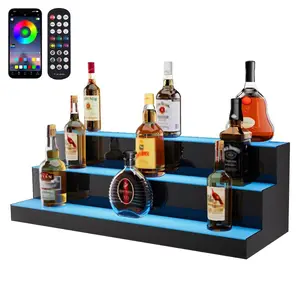 VEVOR LED Lighted Liquor Bottle Display, 3 Tiers 30 Inch Commercial Illuminated Home Bar Shelf, 3 Steps Whiskey Rack Stand, Acrylic Drink Shelves with RF Remote App Control, and Multicolor lighting