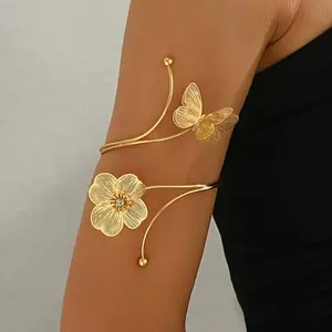 BeadBreath Delicate Wire-Work Butterfly & Flower Arm Cuff, Elegant Statement Armband, Adjustable Upper Arm Jewelry