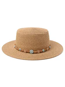 Bohemian Beaded Flat Brim Hat, Unisex Wide Brim Sun Hat, Vintage Woven Beach Hat, Ethnic Bead Strap, Summer Outdoor Hat, Couple Style