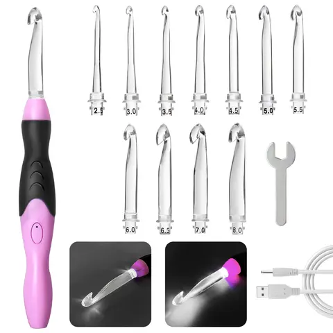 Lighted Crochet Hooks Set, Light Up Crochet Hook Set Rechargeable, 11 Sizes Interchangeable Crochet Set with Ergonomic Handle for Beginners, Crochet Needles Kit with Case for Crocheters