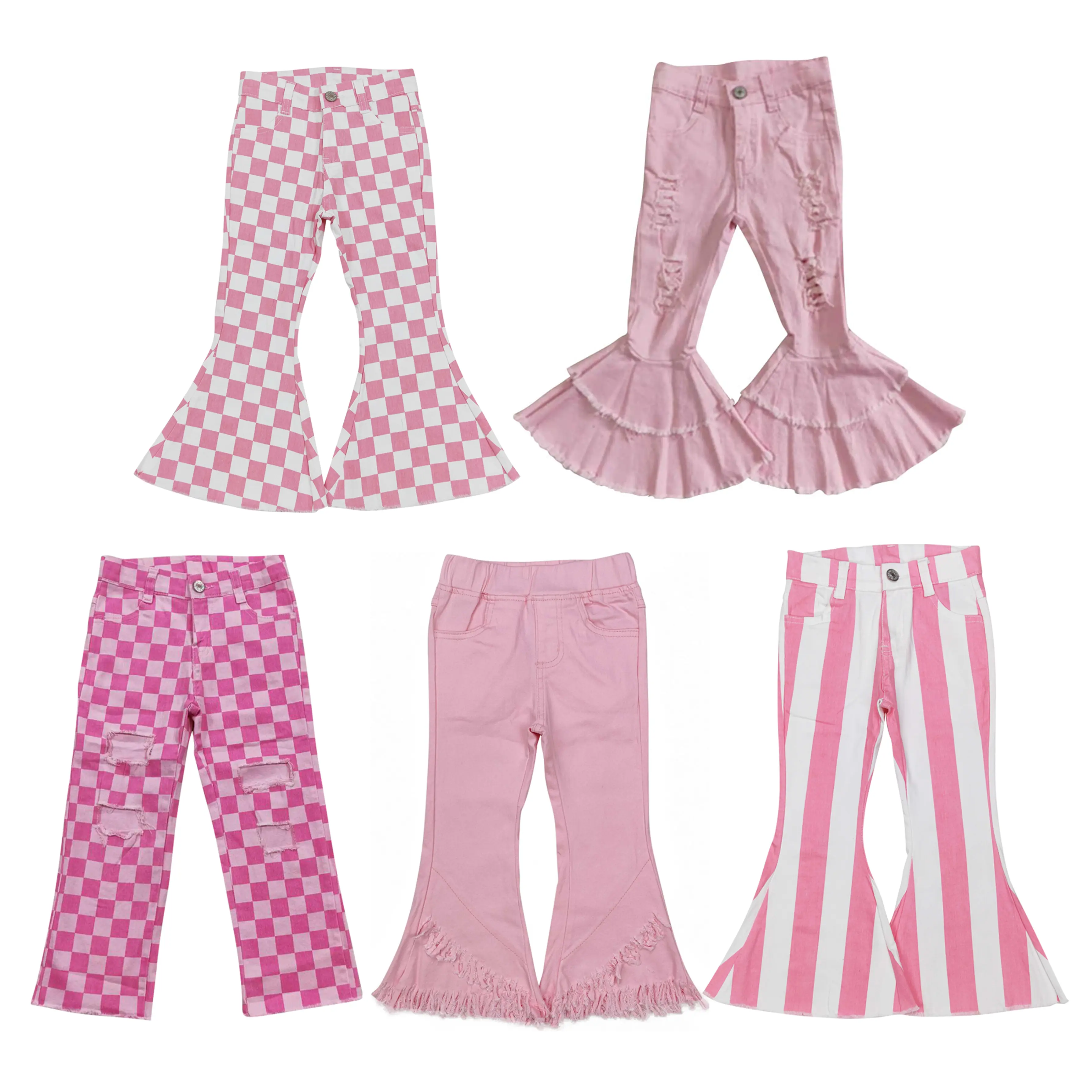 Toddler Girls' Modern Ripped Pink Plaid Mid-Waist Durable Denim Jeans - All-Seasons Fashion Bottoms