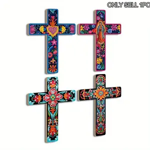 Mexican Cross Wooden Wall Art, Colorful Flower Design Wooden Cross, 15.9 x 11.8 inch Farmhouse Style Cross, Suitable for Home and Church, Religious Home Decor, Farmhouse Wall Decoration | Flower Wall Art | Colorful Artwork, Religious Decorations