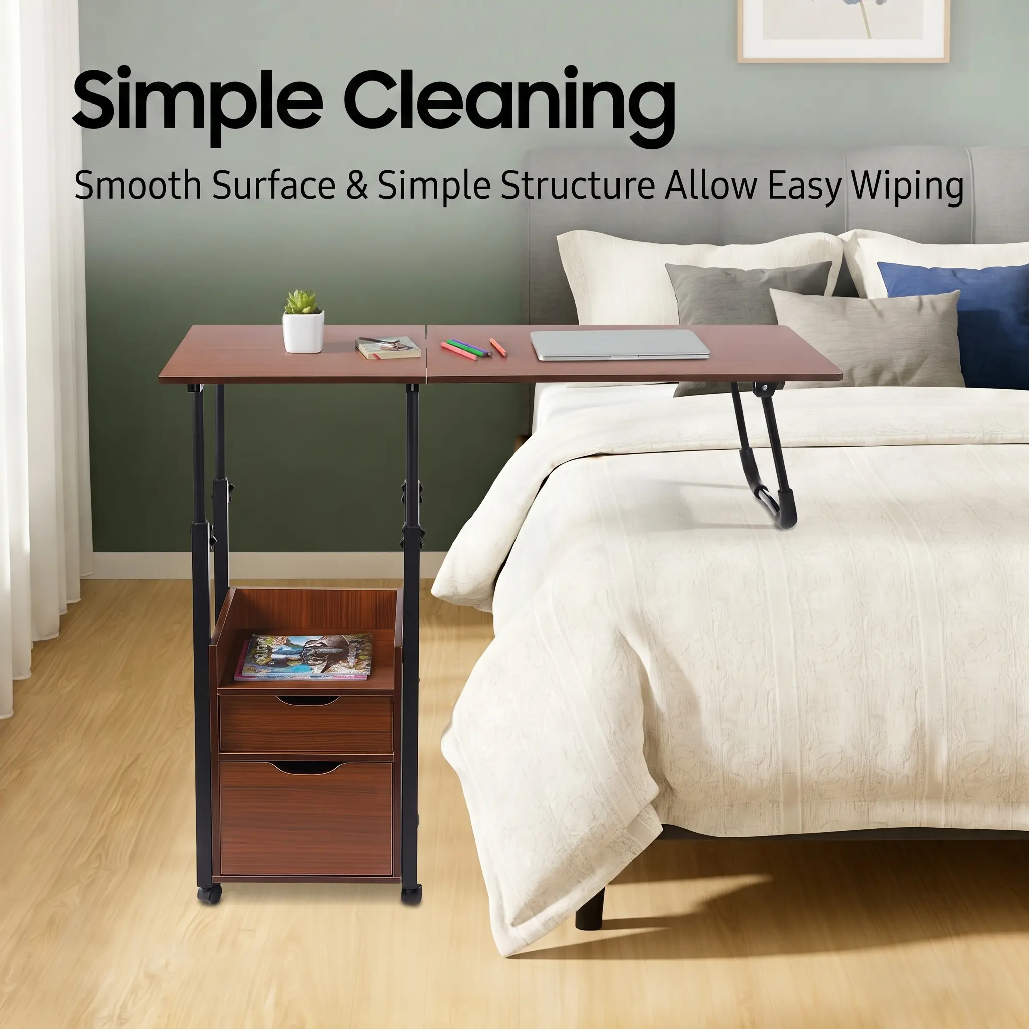 Height Adjustable Over Bed Desk & Movable Bedside Table  with Wheels Fits bed surface height: 42cm to 60cm (16.5" – 23.6")
