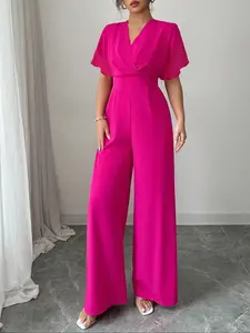 Women's Jumpsuit, V Neck Short Sleeve Wide Leg One-Piece Woven, Commuter Casual Vacation Wear, Ladies Fashion