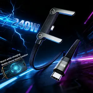 Invisible Stand Type-C ,A-C,C-L Charger Cable, 240W Super Fast Charging 2-in-1 Charging Cord & PhoneHolder for Gaming, Office, Car Travel - Black