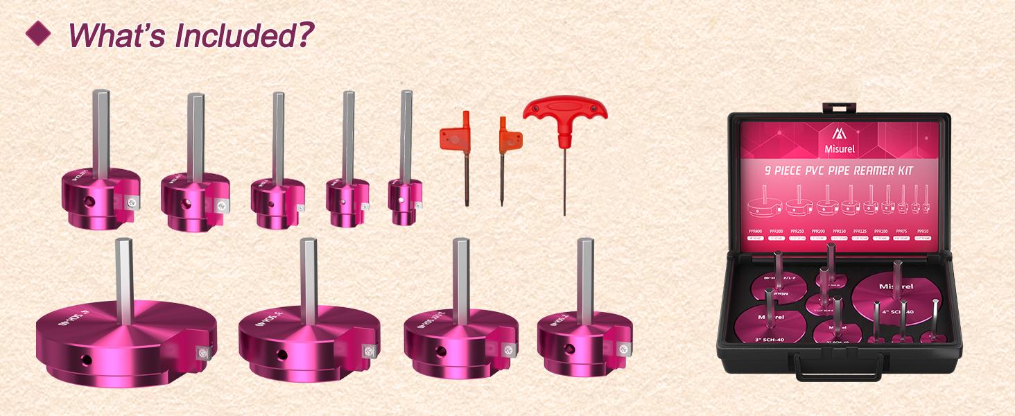 9 Pcs PVC Pipe Reamer Kit With 1/2 inch, 3/4 inch, 1 inch, 1-1/4inch, 1-1/2inch, 2inch, 2-1/2inch, 3inch, 4inch, PVC Fitting Saver, PVC Reamer, Aluminum PVC Socket Saver for SCH40 PVC CPVC ABS Pipe Pipe Expander Heads