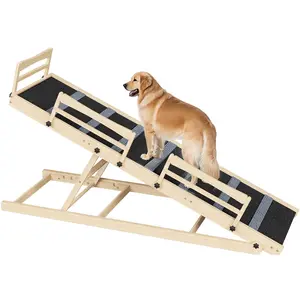 HOOBRO 63" Long Folding Pet Ramp with Non-Slip Mat and Safety Side Rails, Dog Ramp for Bed, 5 Height Adjustable up to 29.5", Wooden Dog Ramp for Couch, for Small/Large Dogs, Natural and Black