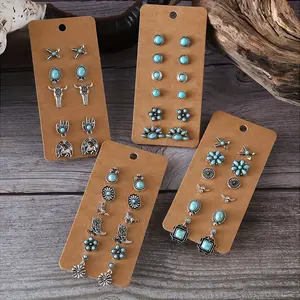 Qing'an Jing 6 Pairs/5 Pairs Upper Card Retro Western Style Bull Head Horse Boots Flower Inlaid Imitation Turquoise Earrings, Suitable for Daily Wear and Holiday Wear
