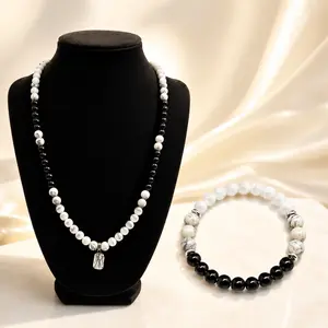 [Buy 1 Get 1 Free] Protection Aura Necklace Set with Matching Bracelet, Black and White Natural Energy Stone Beaded Chain, Spiritual Jewelry for Women and Men, Thoughtful Gift for Loved Ones on Birthdays, Holidays and Celebrations outdoorfun