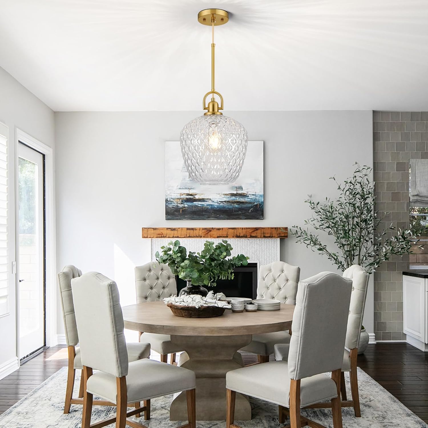 Brushed Gold Pendant Lights Kitchen Island, 10" Large Glass Pendant Light with Hammered Glass Modern Hanging Lighting Fixtures for Kitchen Island Dining Room Entryway Foyer