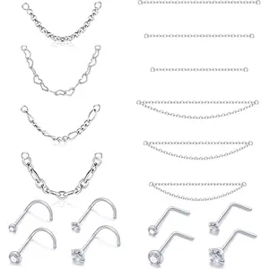 Nose Rings Chain Studs Piercings  22/20/18G for Women Men Surgical Steel Double Chains Corkscrew l Shaped Bar