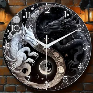 Mystical Tai Chi Yin Yang Dragon Theme Clock, Silent Wall Art Decor, 4mm Tempered Glass, Living Room Bedroom Kitchen Office Decoration