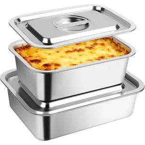 4-inch deep lasagna pan with lid (set of 2 stainless steel baking pans); 7.4 qt + 5.1 qt large roasting pan with lid; rectangular baking sheet with lid; baking dish pan for oven