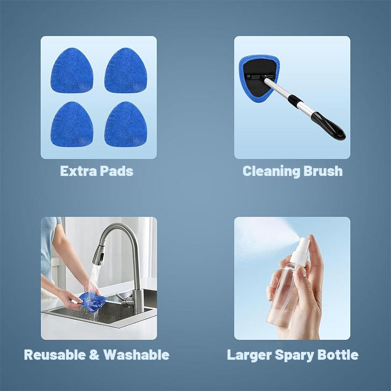 Windshield Cleaning Tool for Car Interior Glass, Car Window Cleaner Tool with Extendable Handle & 180° Swivel Head, Streak-Free Auto Glass Cleaner Kit with Reusable Microfiber Pads & Spray Bottle, Car Accessories for SUV Truck