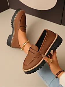 Women's Thick Sole Flatform Loafers, Comfortable Walking Shoes, Wide Fit Round Toe Slip-On Casual Flats, PU Leather Upper Rubber Sole, Modern Style All Season Footwear