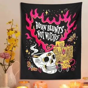 Skull Tapestry Wall Hanging Burn Blunts Not Witches Psychedelic Divination Moon Moth Tarot Moon Boho Witch Skeleton Wall Cloth No Installation Package Decor Decoration Bedroom Spooky Design Art Home