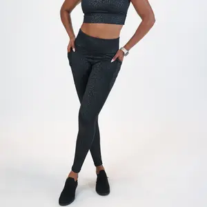 CVG Black Leopard Leggings Women's High Waist with Pockets Squat Proof All Over Print True to Size Basic Fit Traditional Style Skinny Yoga Bottoms Gym Tights Clothes Gym Outfits