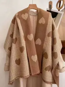 Women's Heart Pattern Plaid Scarf, Warm Thickened Shawl, Fashionable Versatile Elegant Vintage Style, Perfect Holiday Gift, Checkered Scarf