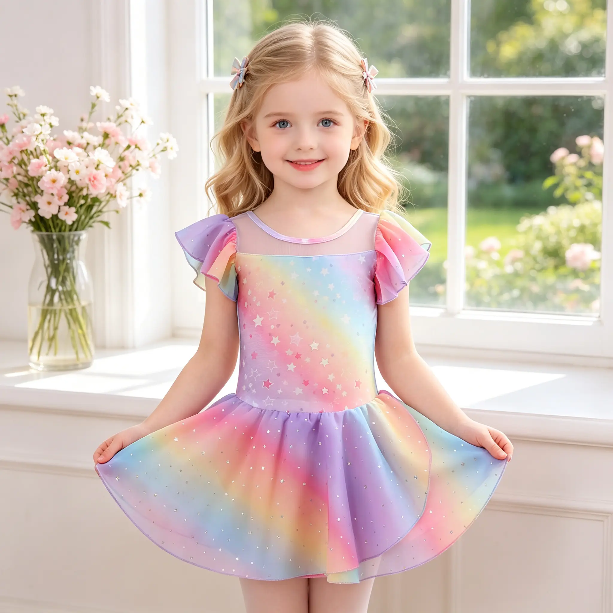 Toddler Girls Rainbow Star Flutter Sleeve Ballet Tutu Dress Sparkle Ombre Tulle Dance Leotard Kids Princess Birthday Recital Costume