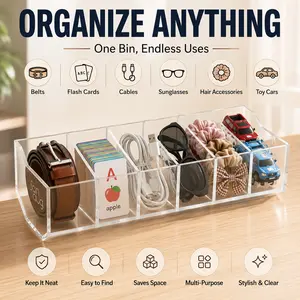 Clear Acrylic Multi-Purpose Organizer Bin with 5/Compartments for Belts,  Accessories, Desk & Closet Storage