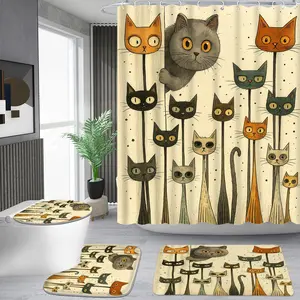 1/4 piece retro long-necked cat pattern shower curtain set, waterproof shower curtain with 12 hooks, non-slip bathroom carpet, toilet U-shaped cushion, toilet seat cover cushion, bathroom shower curtain set, perfect moving gift.