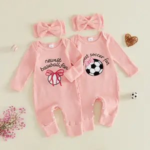 Canrulo Baby Girl Fall Romper Ribbed Knit Long Sleeve Baseball/Soccer Embroidery Round Neck Jumpsuit with Bow Headband 2 Pcs Set