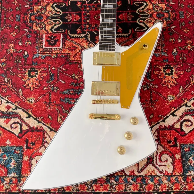 Unisex Explorer-Shape Electric Guitar with Mahogany Body, Gold Hardware, HH Pickups, and Protection Feature