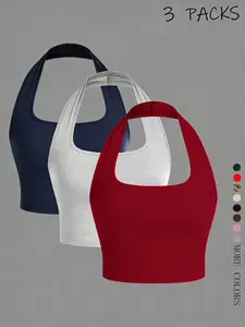 Women's Summer Fashion 3-Piece Set, Crop Top Sleeveless Sports Tank, Basic Racerback Sporty Back, Casual Comfortable Wear